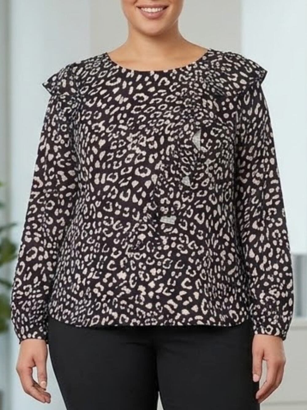 ELOQUII Animal Print Ruffle Blouse XL | Workwear Career Top (size 16)